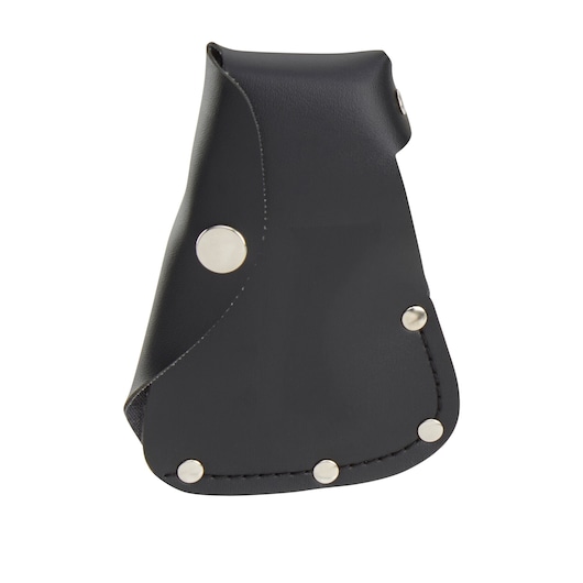 Black Stanley leather hammer holster with metal rivets and stitched edges, shown against a white background.