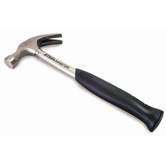 Stanley Steelmaster hammer with black grip and claw head, designed for construction and carpentry tasks.