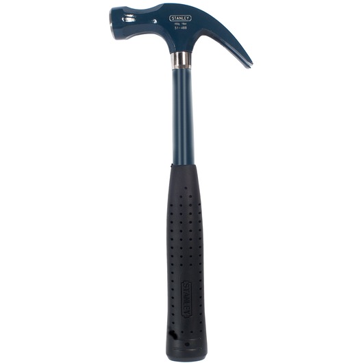 Stanley claw hammer with blue steel handle and black rubber grip, shown vertically against a white background.