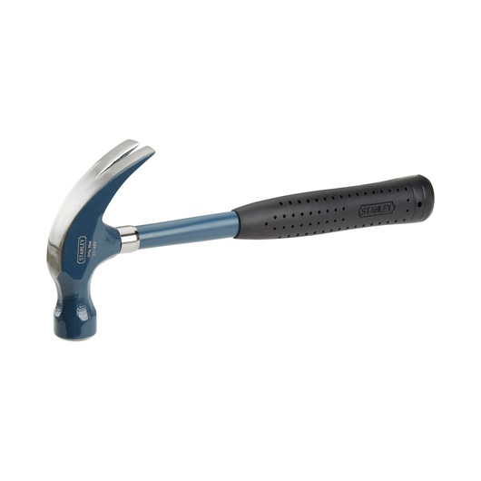 Stanley claw hammer with a black grip handle and blue metallic shaft, designed for general carpentry tasks.