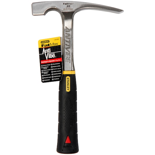 STANLEY 1-54-022 FatMax Antivibe bricklayer's hammer with black and yellow ergonomic handle, photography front angle.