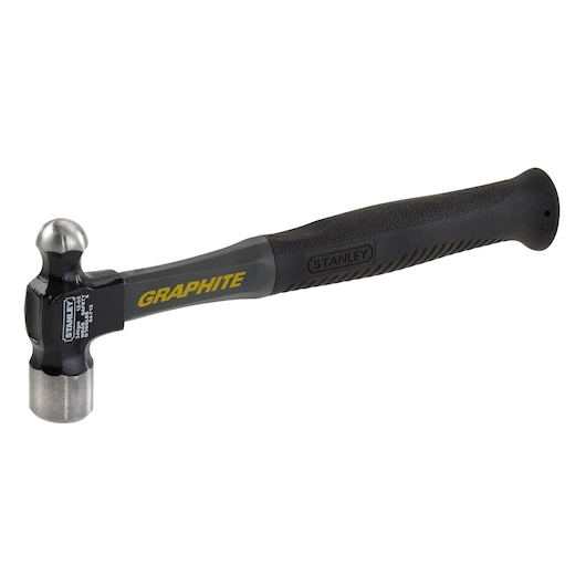 Stanley graphite ball-peen hammer with a black and yellow handle shown on a white background.