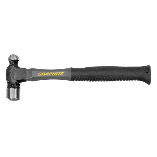 Stanley ball-peen hammer with black graphite handle and metal head, side view on white background.