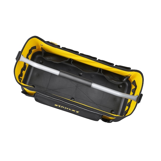 STANLEY 1-70-319 tool bag with open top, yellow and black, aluminum handle, top view on white background.