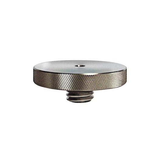 STANLEY 1-77-128 metal adapter disc with knurled edge, photography accessory, side angle on white background.