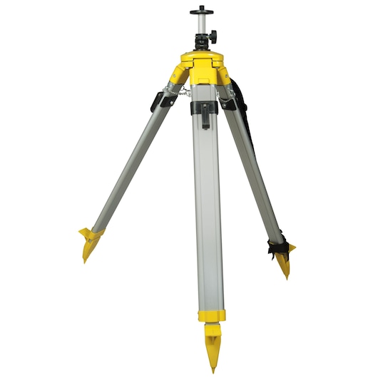 Aluminum tripod with yellow joints and pointed feet for photography or surveying equipment.