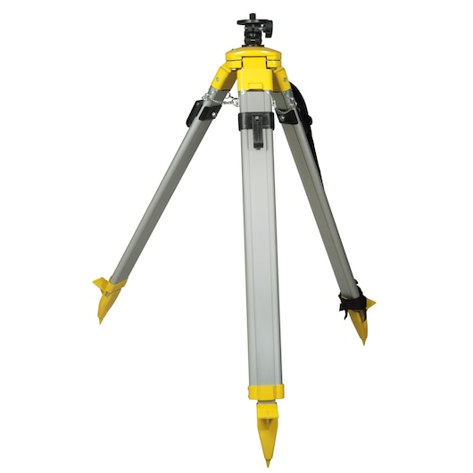 Aluminum tripod with yellow accents, pointed feet, suitable for photography or surveying instruments.