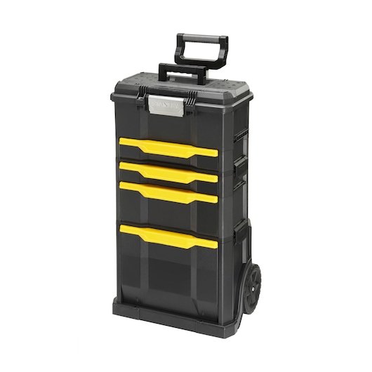 Stanley black rolling toolbox with four yellow drawers and handle for portable storage.