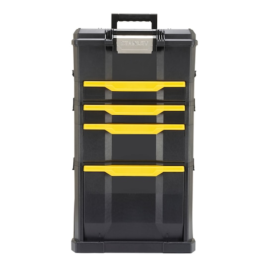 Stanley black toolbox with four yellow drawers, sturdy plastic design and top carry handle.