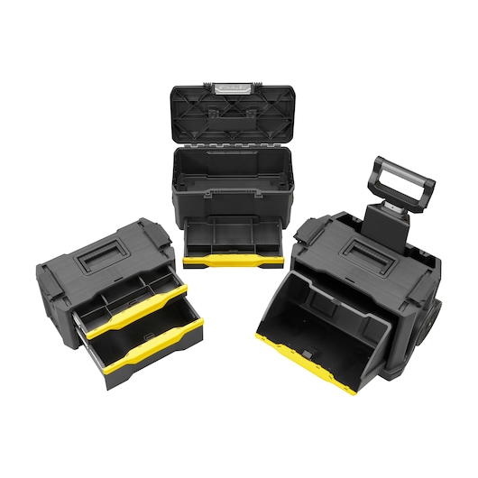 Three black and yellow Stanley toolboxes with open compartments and drawers, shown in different configurations.