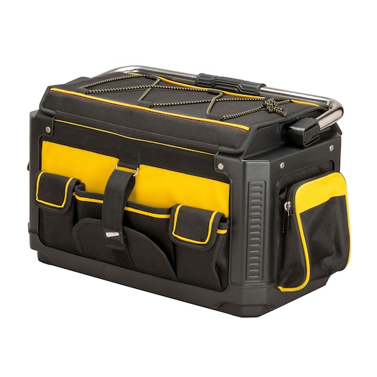 Stanley black and yellow tool bag with multiple pockets and a sturdy handle.