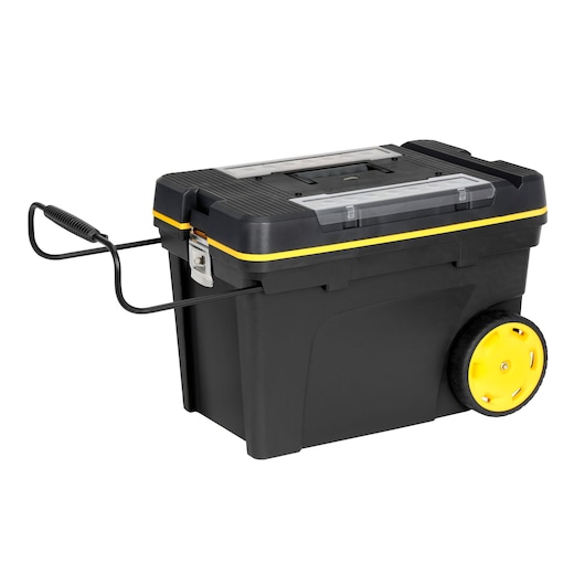 STANLEY 1-92-902 rolling black toolbox with yellow wheels, photographed from side on white background.