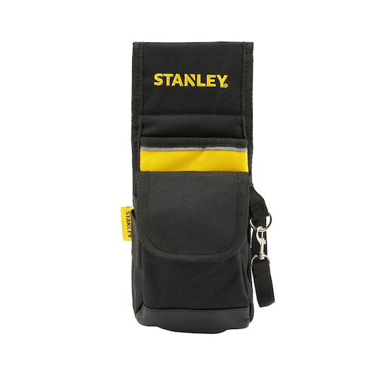 Front view of STANLEY 1-93-329 black and yellow tool pouch with flap, pocket, and key clip.