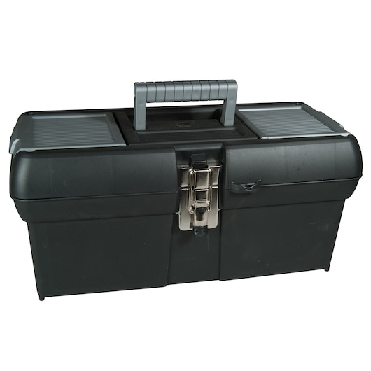Black Stanley toolbox with metal latch and carrying handle, used for storing and organizing tools.