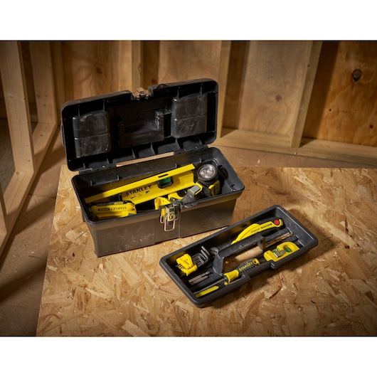 STANLEY 1-94-857 toolbox photography with tools and tray on wooden workbench.