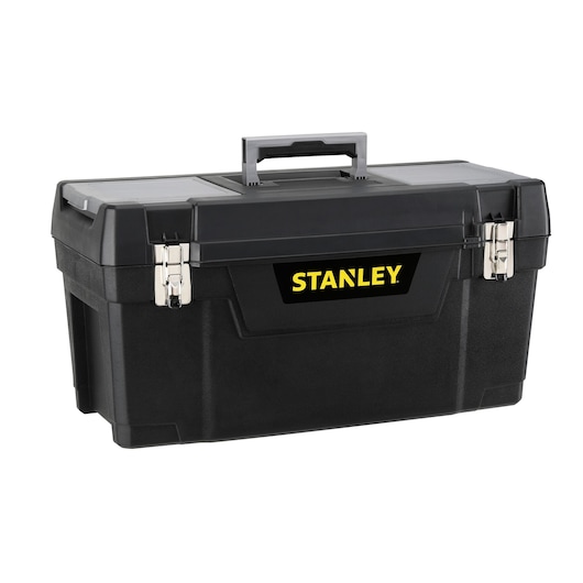 Stanley black plastic toolbox with silver metal latches and a central handle, shown against a white background.