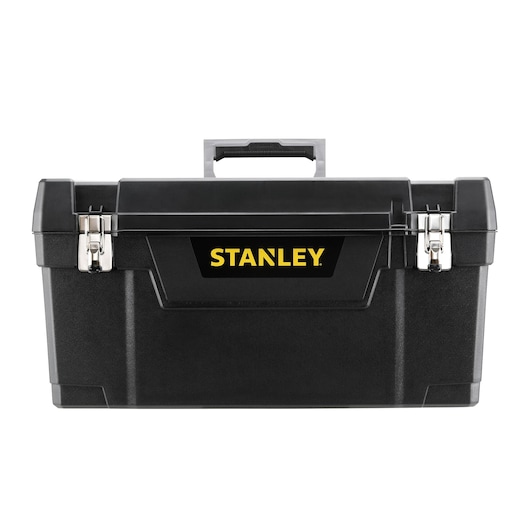 Front view photography of STANLEY 1-94-859 black toolbox with silver metal latches and central handle.