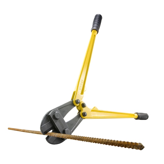 STANLEY 1-95-563 bolt cutter with yellow handles cutting a metal rebar, product photography on white background.