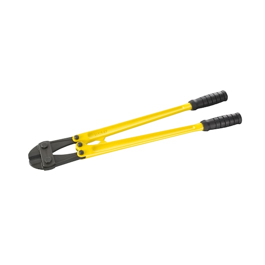 Yellow-handled bolt cutter with black grips and cutting jaws, tool for cutting metal rods or chains.