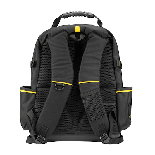 STANLEY 1-95-611 tool backpack rear view, black with yellow trim and padded straps, white background.