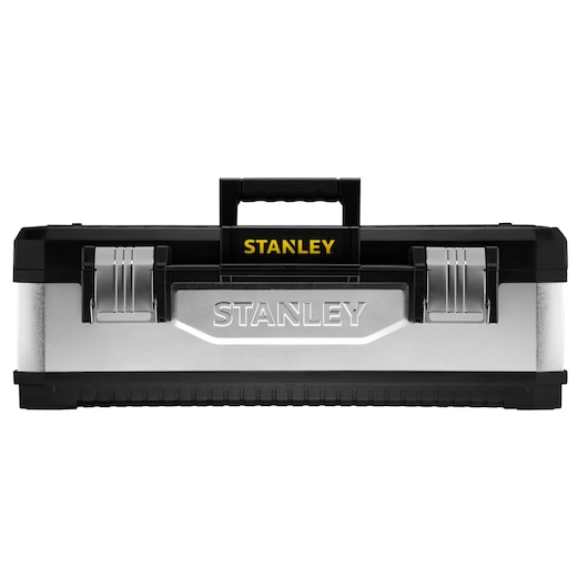 Photo of STANLEY 1-95-620 silver and black metal toolbox with front latches, handle, and embossed logo, front angle.