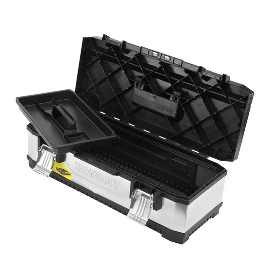 STANLEY 1-95-620 metal toolbox with open lid, removable tray, and silver body, angled view.