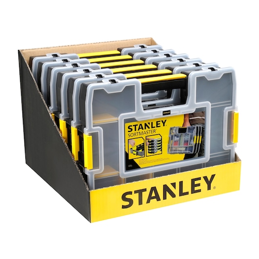 STANLEY 1-97-483 SortMaster organizer cases in yellow display tray, front angle photo.