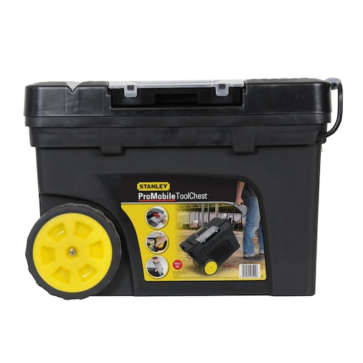 Stanley 1-97-503 tool chest, black with yellow wheels, front angle, durable mobile storage box.
