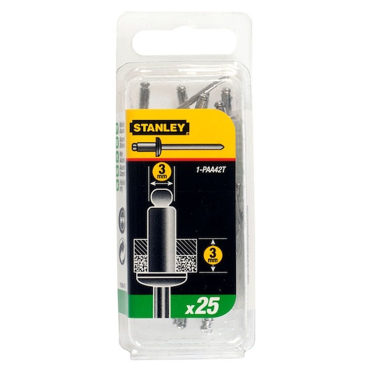 Stanley 3mm x25 pack aluminum rivets in clear plastic packaging, product code 1-PAA42T.