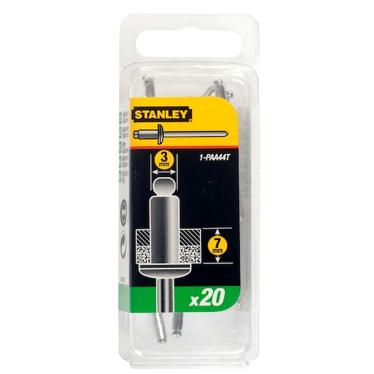 Stanley pack of 20 aluminum blind rivets, 3mm diameter, 7mm grip range, for general fixing jobs.