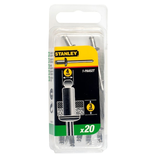 Stanley pack of 20 aluminum blind rivets, 4mm diameter, model 1-PAA52T, in a clear plastic package.
