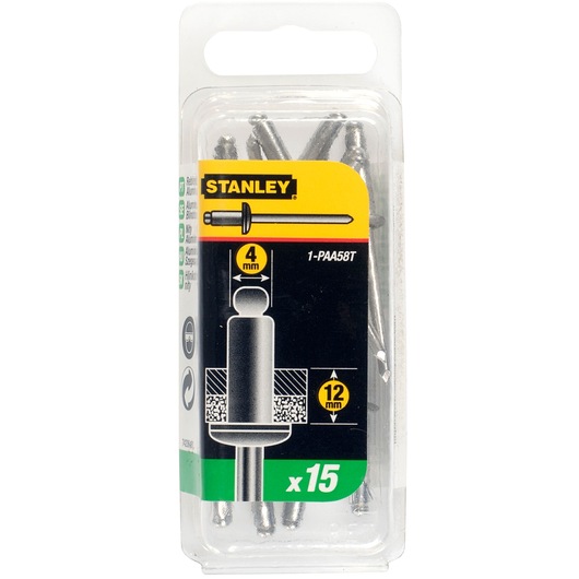 Stanley 1-PAA58T pack of 15 aluminium blind rivets, 4mm diameter and 12mm length, in clear plastic packaging.
