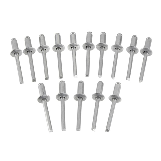 Set of fourteen silver metal pop rivets arranged in two rows on a white background.
