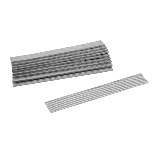 A stack of silver metal staples and one separated strip, displayed on a white background.