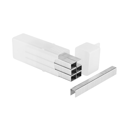 Silver metal staples grouped and a single staple, with a partially visible transparent storage box.