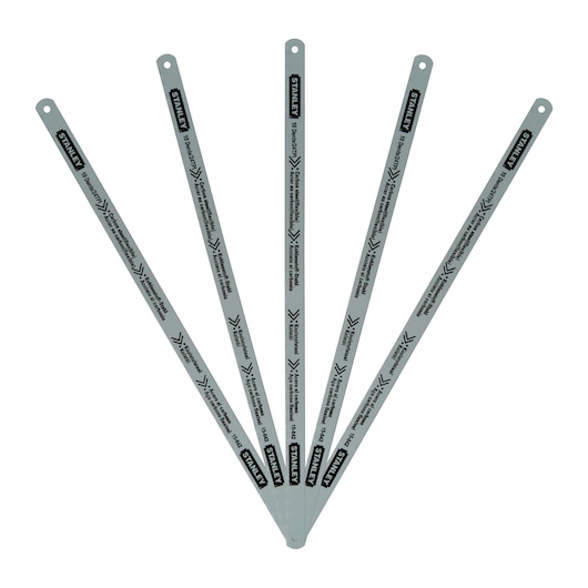 Photo of five STANLEY 1-15-842 hacksaw blades fanned out on white background, each blade with STANLEY branding.