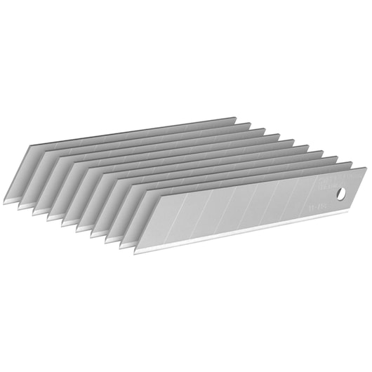 A set of ten segmented utility knife blades arranged in a fan pattern on a white background.