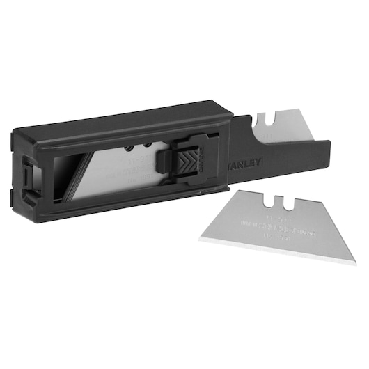 Stanley utility knife blades with black dispenser; one blade outside and one partially extended.