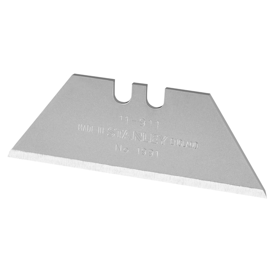 Photo of STANLEY 2-11-911 utility knife blade, silver color, angled on white background.