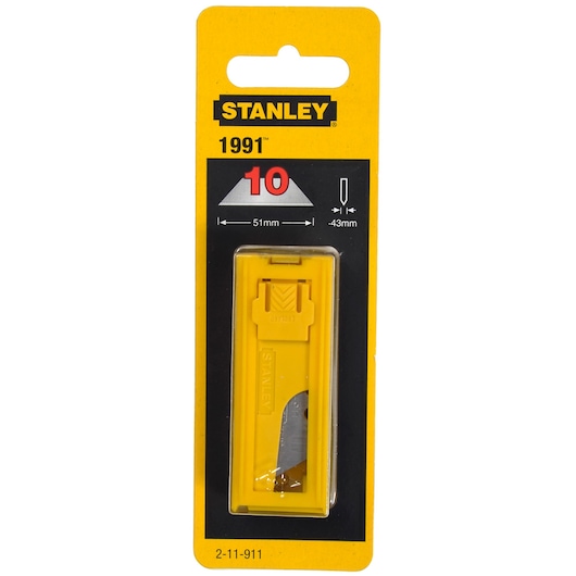 STANLEY 2-11-911 utility knife blades pack, yellow plastic case, front view, photography category.