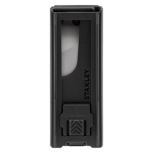 STANLEY 2-11-921 utility knife blade dispenser, black plastic case, front view, photography on white background.