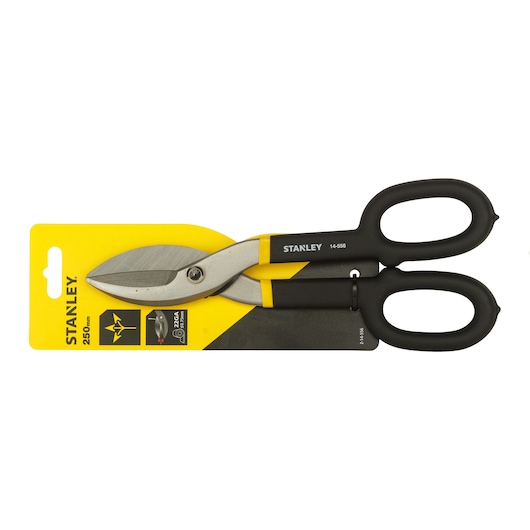 Photo of STANLEY 2-14-556 tin snips with black handles, 250mm, on branded yellow and black packaging, front angle.