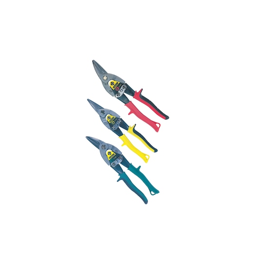 STANLEY 2-14-562 tin snips set, red, yellow, green handles, top view, metal cutting hand tools.