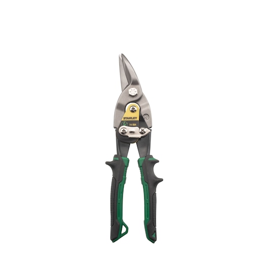 Stanley FatMax green-handled aviation snips, model 14-564, for cutting sheet metal or similar materials.