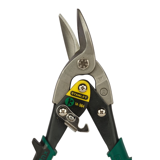 STANLEY 2-14-564 aviation snips with green handles, close-up front angle, on white background.