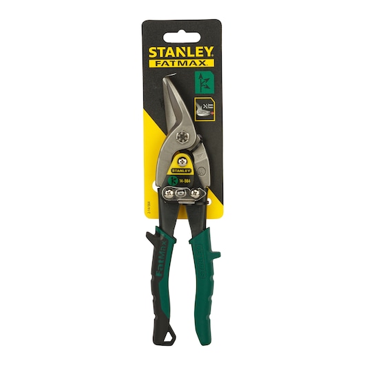 Stanley 2-14-564 aviation snips with green and black handles, front packaging view, photography product category.