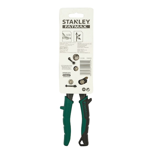 Stanley 2-14-564 FatMax snip pliers, green and black handles, front angle, white background.