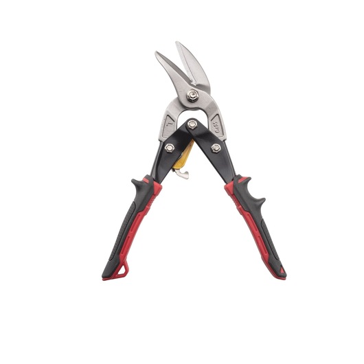 Stanley metal cutting snips with red and black handles, angled blades, shown on a white background.