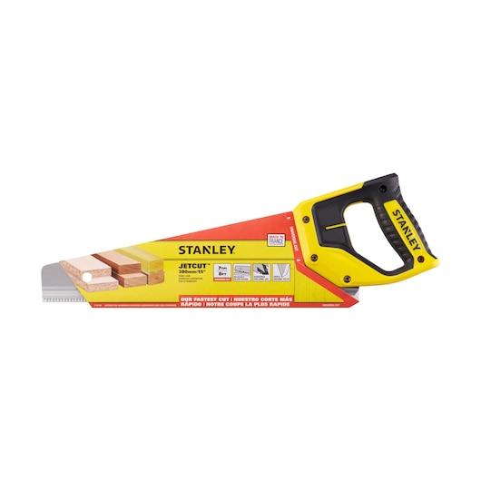 STANLEY 2-15-281 handsaw, yellow and black, Jetcut model, 380mm blade, side angle on white background.