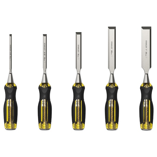 STANLEY 2-16-269 chisel set with amber handles in open black and white plastic case, angled top view.